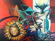 GOMER LEWIS acrylic on canvas - semi-abstract still life of sunflowers and jug, signed and dated '