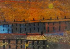 GWYN DAVIES mixed media - rows of houses at sunset, entitled verso on label with artist's Neath