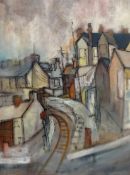 JOHN UZZELL EDWARDS oil on board - Valleys street scene with railway track entitled verso 'Valleys