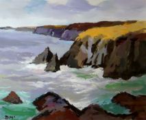 DONALD McINTYRE acrylic - rocky coastal seascape, cliffs near Solva, signed with initials and with