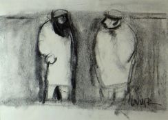 WILL ROBERTS charcoal  - two farmers, one with stick, in conversation, Albany Gallery label verso