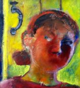 SHANI RHYS-JAMES oil on board - entitled verso 'Self Portrait with Handle', 20 x 18ins (51 x 46cms)