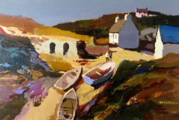 DONALD MCINTYRE acrylic - harbour with cottages, two figures and beached boats, entitled verso '
