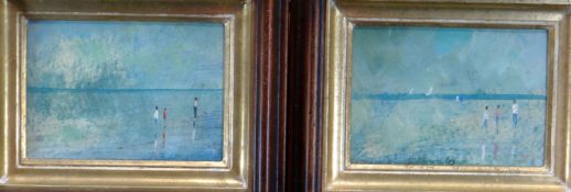 GWYN DAVIES oil on board, a pair - entitled 'Figures on Beach', signed with initials, 5 x 6.5ins (12