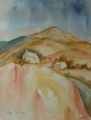 MEGAN JONES watercolour - landscape with farm, signed and dated 1987, 10.5 x 8ins (27 x 20cms)