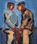 WILL ROBERTS watercolour on brown paper - two standing figures facing one another with blue