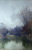 GEORGE COCKRAM watercolour - tree-lined river, signed, 20 x 13ins (51 x 33cms)