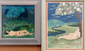 SARA JOHN -  two oils on canvas of female nudes lying on grass beneath trees, 1. entitled 'Queen