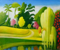 RALPH SPILLER oil on board - gardens with lake in foreground, signed with initials and dated '98, 10