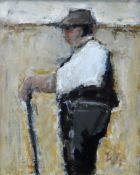 WILL ROBERTS oil on board - waistcoated farmer leaning on walking stick entitled verso 'Farmer