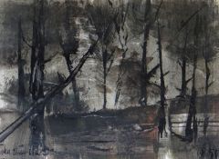 JOHN KNAPP FISHER mixed media - woodland scene entitled verso 'TREES IN FLOOD. 1965', signed and