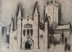 WILL ROBERTS charcoal drawing - the west front of St David's Cathedral, Pembrokeshire initialled and