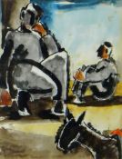 JOSEF HERMAN mixed media - two seated figures with a donkey, with New Grafton Gallery verso,