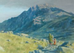 STEVEN JONES watercolour - two figures on a path near Tryfan, signed, 21 x 29 cms