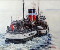 DAVID GRIFFITHS oil on canvas - the paddle steamer 'Waverley' leaving Penarth, signed, 19 x 23ins (