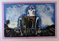 JOSEF HERMAN limited edition (22/100) colour lithograph - farmer, mule and cart, entitled 'The First