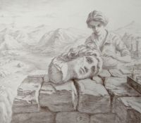 EVAN CHARLTON watercolour - view from window over roof tops towards bay with boats, initialled by