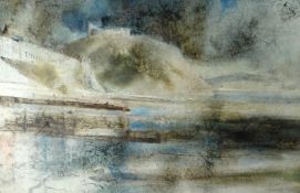 WILLIAM SELWYN watercolour - Criccieth Castle and Promenade, signed, 15 x 22 ins (38 x 56 cms)