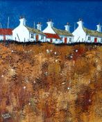 GWYN OWEN acrylic on board - row of white-washed Welsh cottages, signed, 16.5 x 14 ins (42 x 36