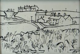 SIR KYFFIN WILLIAMS RA pen and ink drawing - view across field to farm buildings entitled verso '