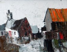 GWILYM PRICHARD oil on board - farm buildings with figures outside a white-washed cottage