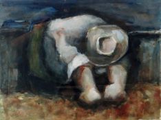 WILL ROBERTS watercolour - farm worker in field entitled 'Farm Worker' with 'Attic Gallery' label,