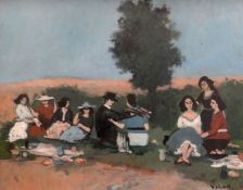 ANDREW VICARI oil on board - seated picnickers in a landscape, entitled on label verso 'Picnic on