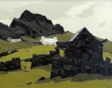SIR KYFFIN WILLIAMS RA oil on canvas - Snowdonia landscape entitled verso 'Cottages at Deiniolen',