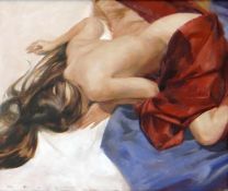 DAVID KNIGHT oil on canvas - reclining nude in red silk sheet, entitled verso 'Blue Red', 11 x 9.