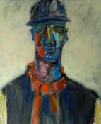 MIKE JONES mixed media - head and shoulders portrait of miner in helmet and scarf, signed, 18 x 15