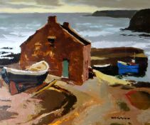 DONALD McINTYRE oil on board - harbour with moored boats, Attic Gallery Swansea label verso with