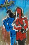 JOSEF HERMAN mixed media - two figures with bird above, signed verso, 8 x 5ins (20 x 12cms)