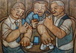 KAREL LEK oil on canvas - three jolly figures enjoying a smoke and a game of cards, signed and dated