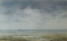 GARETH THOMAS  watercolour- fore-shore with cargo ship in distance, Watercolour Society of Wales