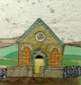 CEFYN BURGESS handmade paper and textile collage - isolated chapel and landscape, signed on mount,
