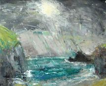 DAVID BACKHOUSE (sculptor b.1941) oil on paper - Welsh coastal scene, entitled verso 'Pwllgwaelod