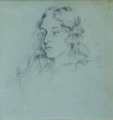 AUGUSTUS JOHN pencil sketch - head and shoulders of a girl, initialled, 6 x 5.5 ins (14.5 x 14 cms)