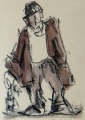 MIKE JONES mixed media - standing miner, entitled verso 'Collier', signed, 11.25 x 8ins (29 x