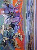 GOMER LEWIS acrylic on canvas - colourful semi-abstract entitled verso 'Henp Stag', (?) framed and