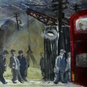 NICK HOLLY mixed media - group of workmen boarding a double decker bus at end of shift, signed and