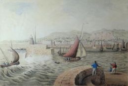 W DEWHURST watercolour - historical view of sail boats and harbour with figures, entitled verso '