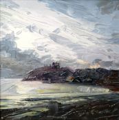 DAVID GROSVENOR oil on canvas - Criccieth Castle from the east side, signed and entitled verso '
