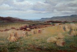 HARRY HUGHES WILLIAMS oil on canvas - expansive Anglesey harvesting scene with figures and distant