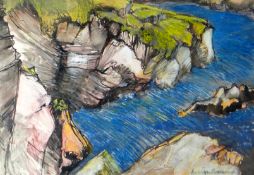 EVELYN BREARLEY mixed media - coastal view entitled 'From Penrose Point' signed,  13.5 x 19ins (34 x