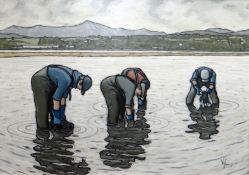 ALAN (EA) WILLIAMS acrylic on board entitled verso 'Mussel Gatherers Menai Straits', 19.5 x 27.5 ins