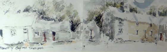 JOHN KNAPP FISHER watercolour and pencil - unusual two-sectioned painting of mill buildings and