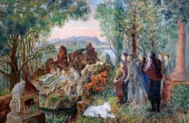 FELICITY CHARLTON oil on board - group of onlookers observing ethereal scene of three reclining