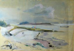 RAY HOWARD JONES watercolour - Bristol Channel coast with vessel and cloud entitled verso 'Island