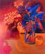 GOMER LEWIS acrylic on canvas - still life of flowers in a vase, unframed, 30 x 25 ins (76 x 64
