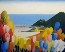 RALPH SPILLER oil on board - view looking down to Mumbles Pier, lifeboat station and lighthouse,